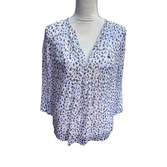 Diane von Furstenberg Silk Blue Black White Spotted 3/4 Sleeve Lined Top - 6 - Picture 2 of 11